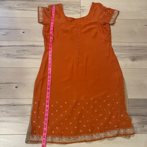 Women’s Indian 3 Piece Orange with Gold Silk Sequin Top & Pants w Matching Wrap- - Picture 5 of 9